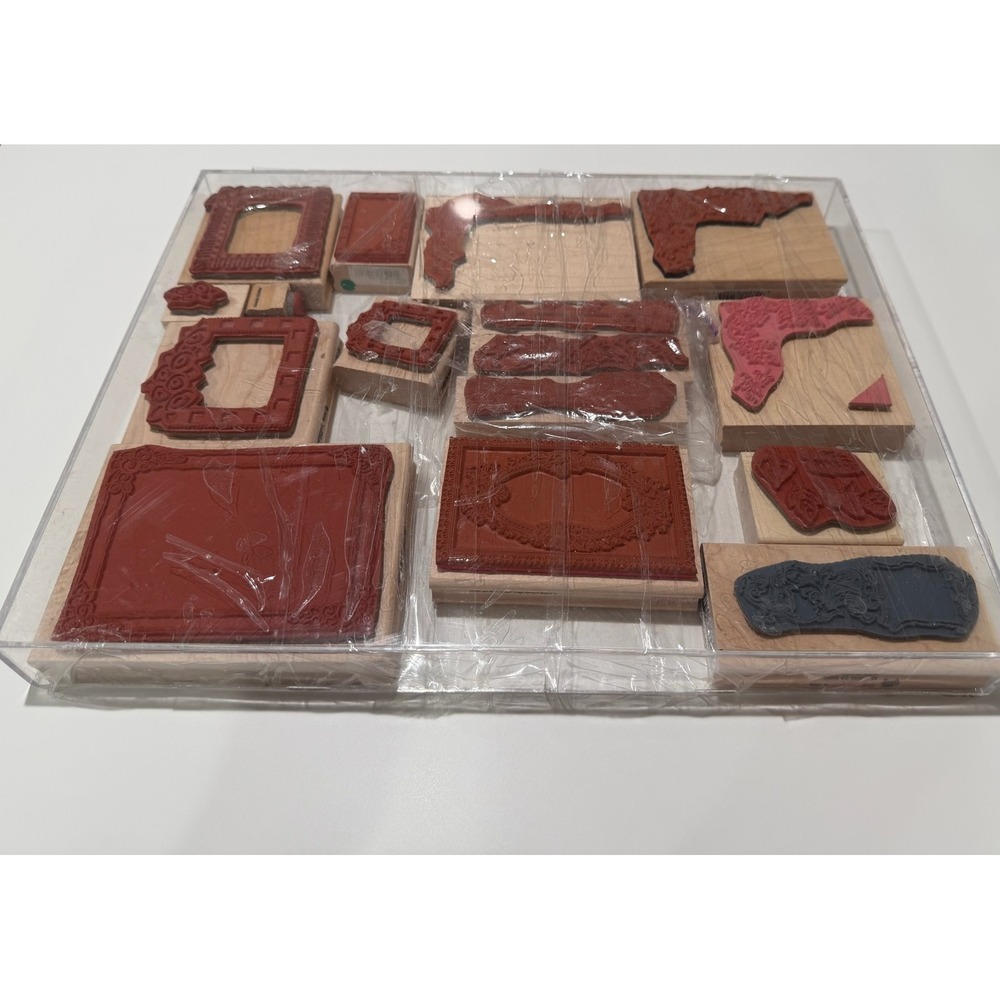 Stampin Up Wood Mounted Mini Rubber Stamp Lot Floral Borders Frames 16pc - Picture 2 of 3